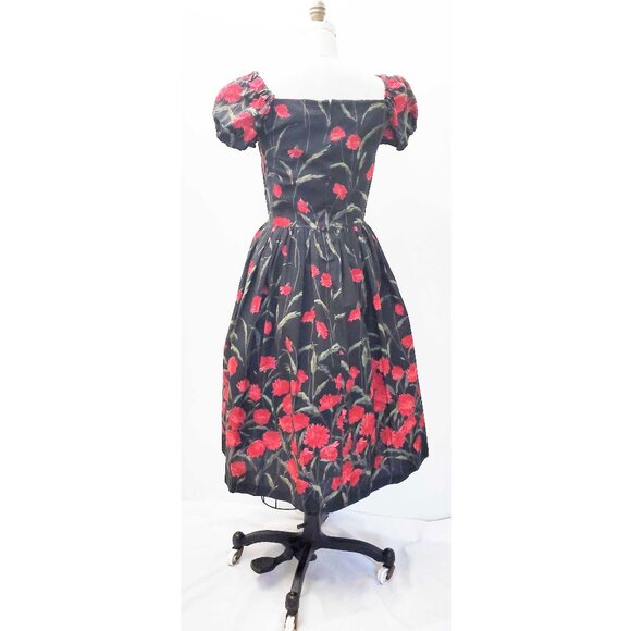 Vintage 1950s Womens Fit & Flare Red FLoral Black Cotton Pinup Party Dress - Picture 6 of 10